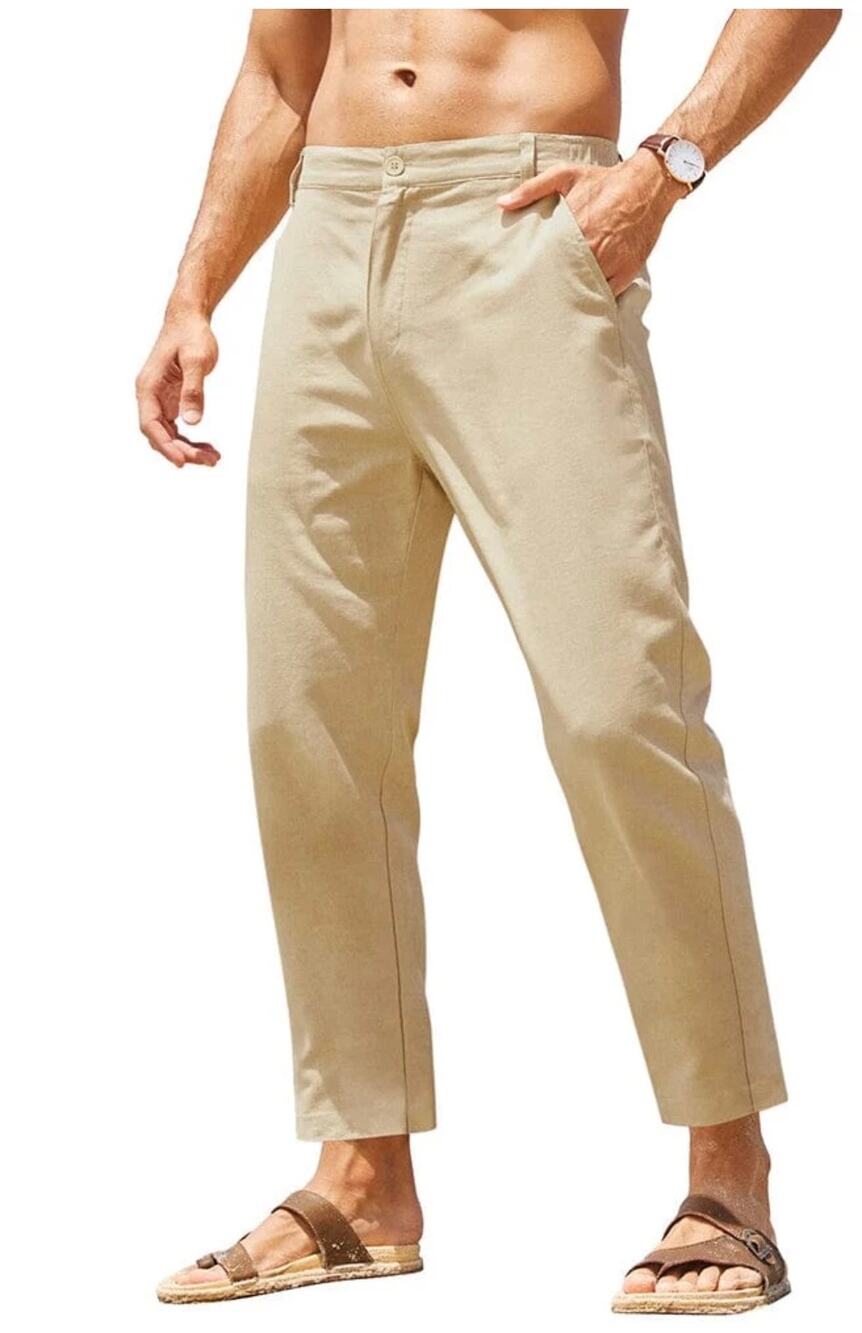 Coofandy Mens Khaki Beige Casual Drawstring Linen Beach Pants Trousers Size M